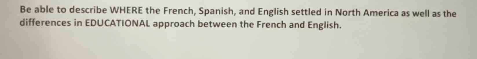 be able to describe where the french, spanish, and english settled in n…