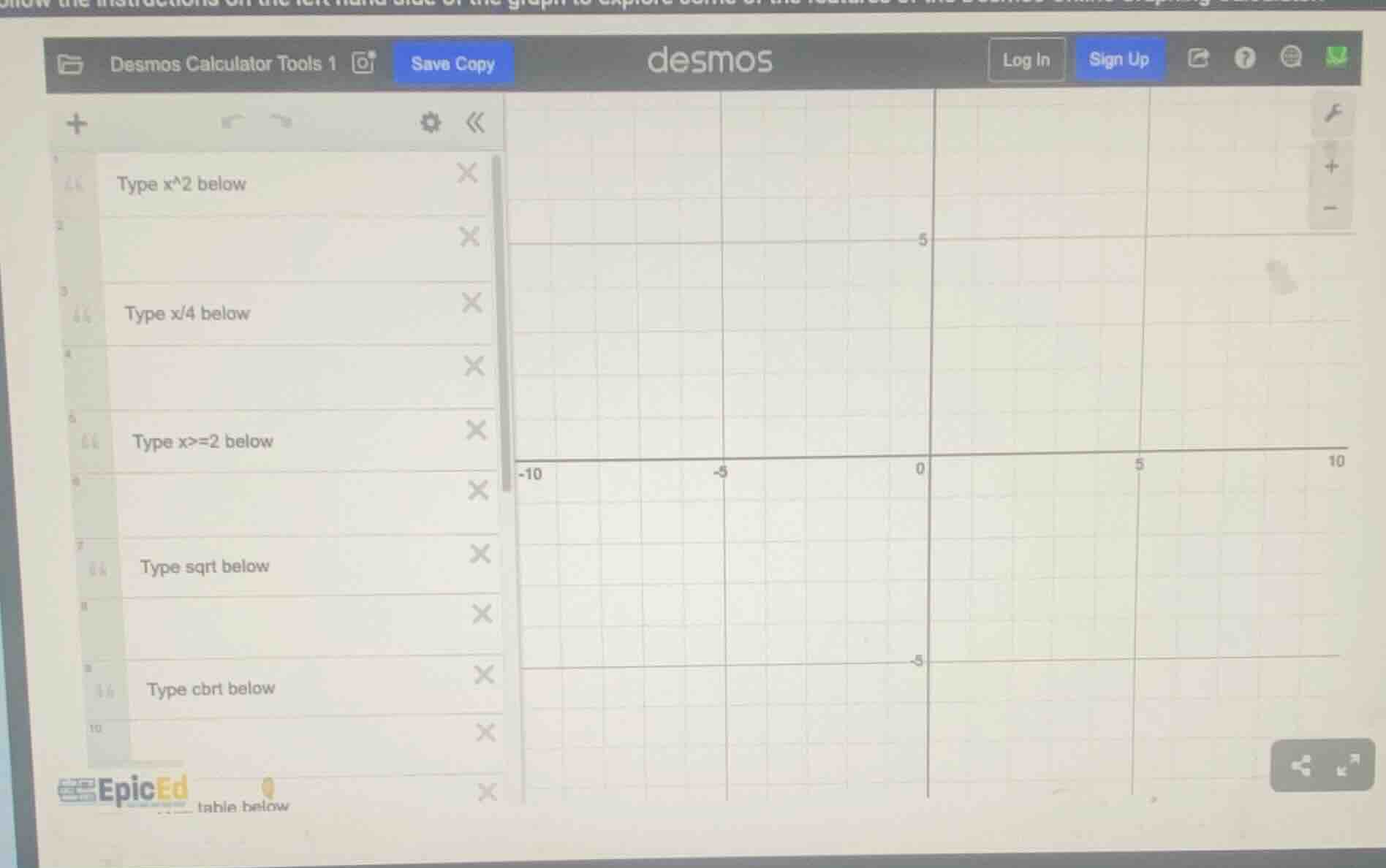 desmos calculator tools 1 save copy desmos log in sign up type x^2 belo…