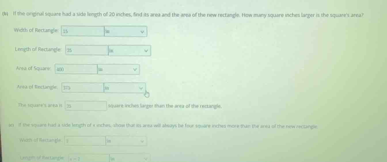 (b) if the original square had a side length of 20 inches, find its are…