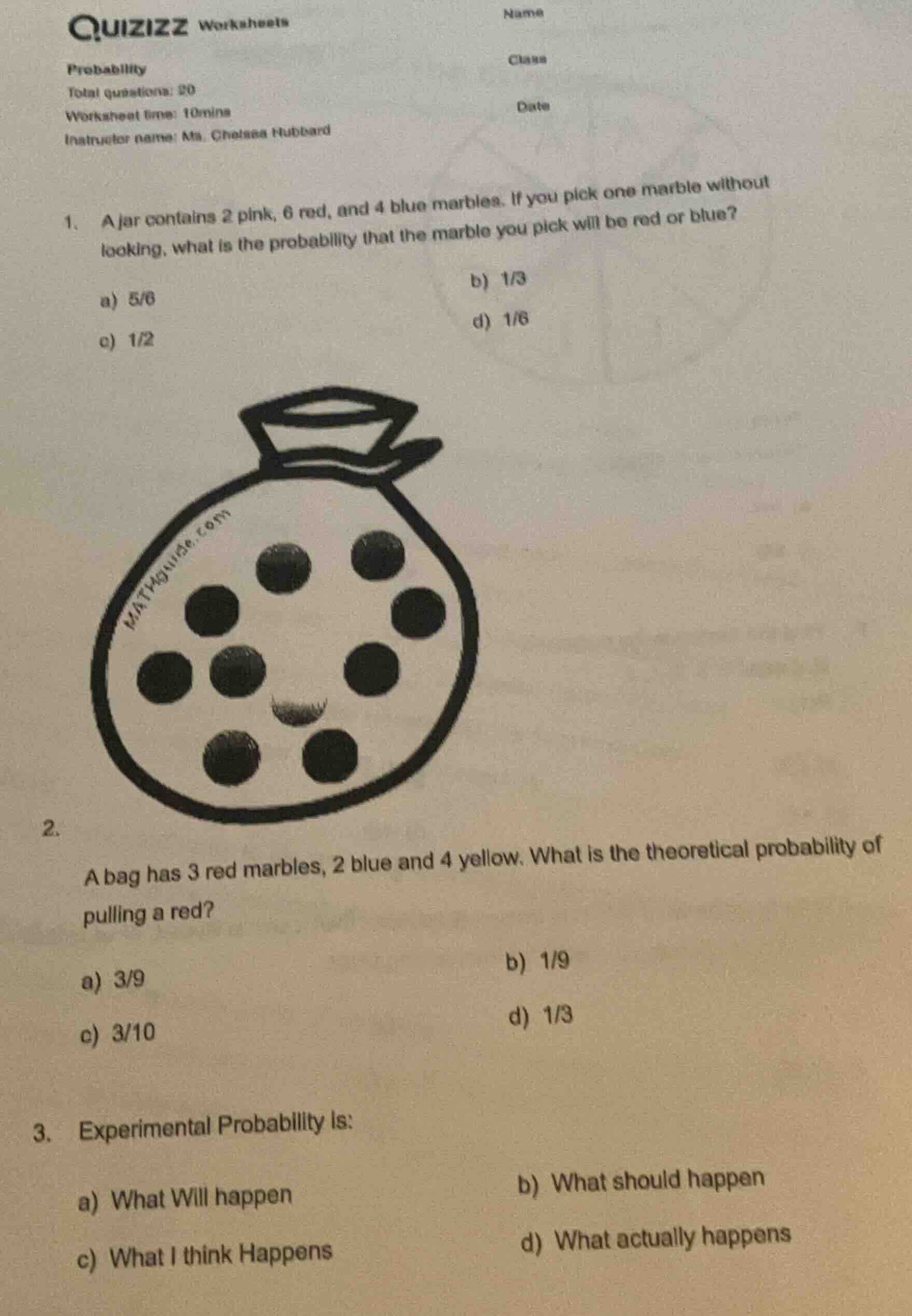 quizizz worksheets name probability class total questions: 20 worksheet…