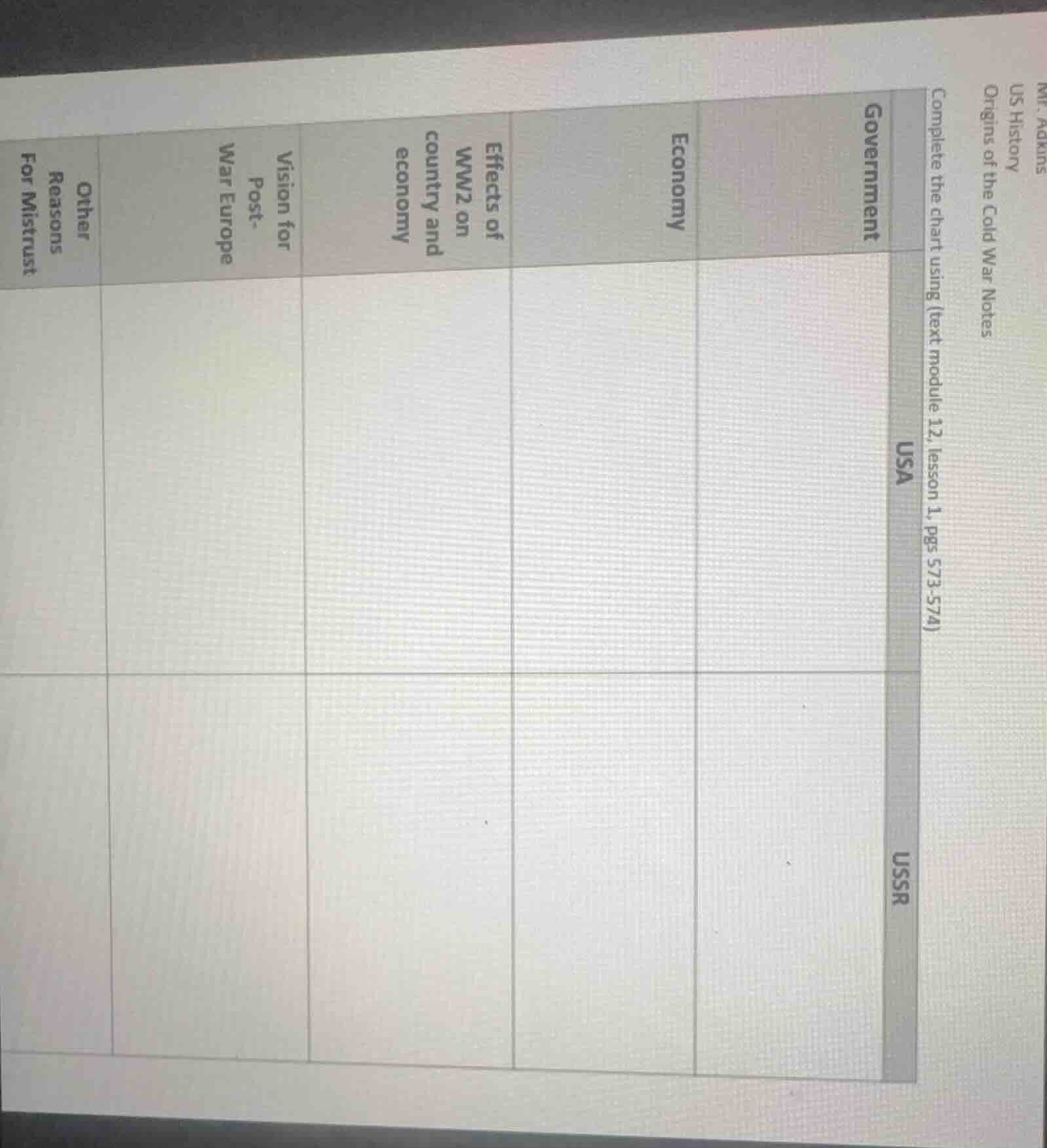 mr. adkins us history origins of the cold war notes complete the chart …