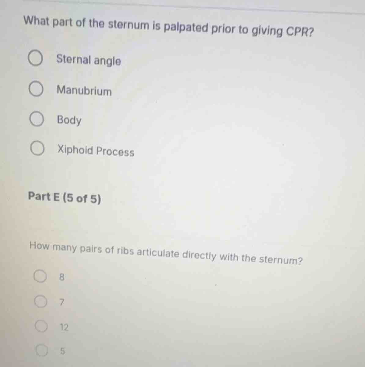 what part of the sternum is palpated prior to giving cpr? sternal angle…