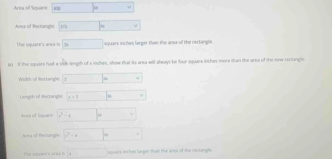 area of square: 400 inarea of rectangle: 375 inthe squares area is 25 s…