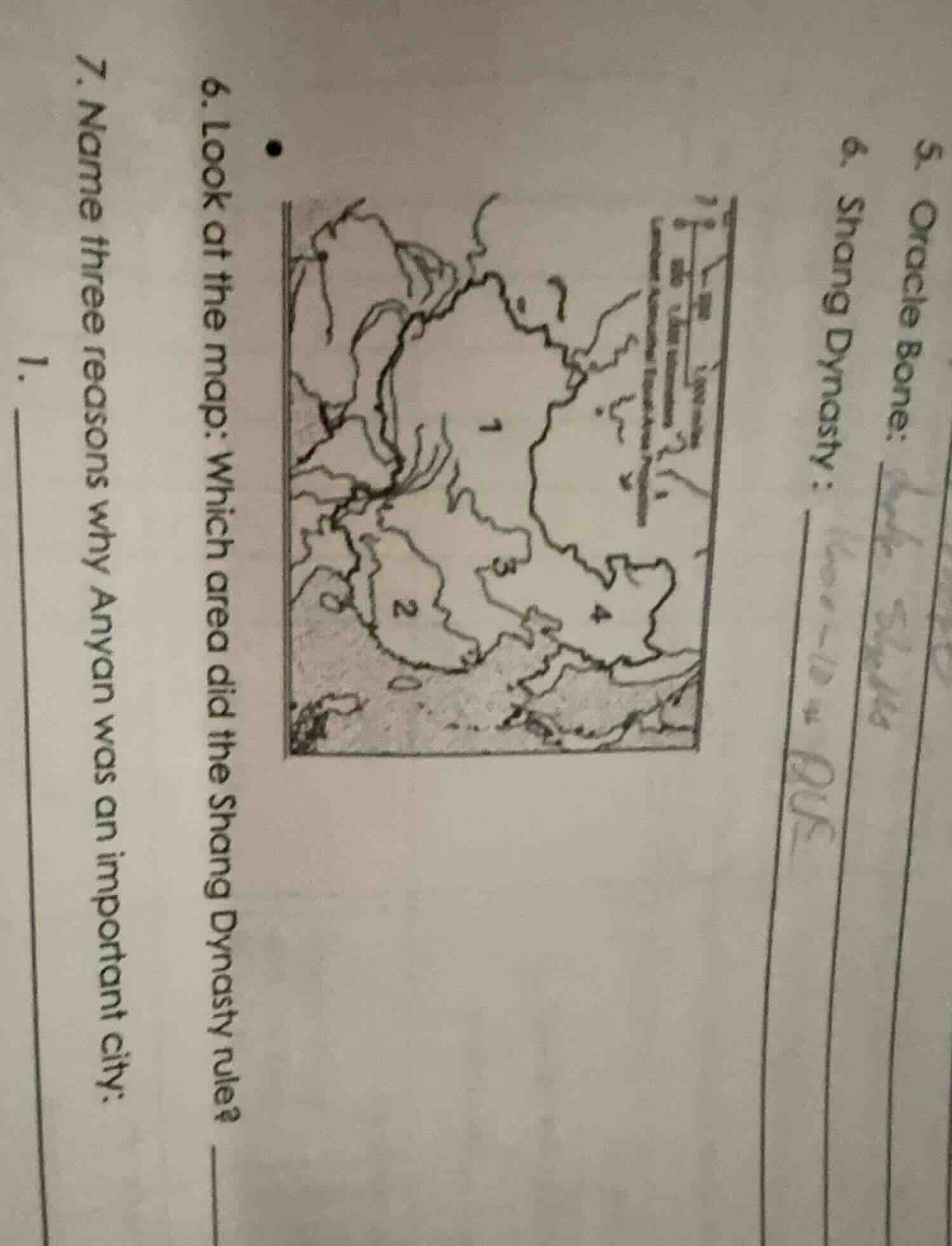 5. oracle bone: _______ 6. shang dynasty: _______ 6. look at the map: w…