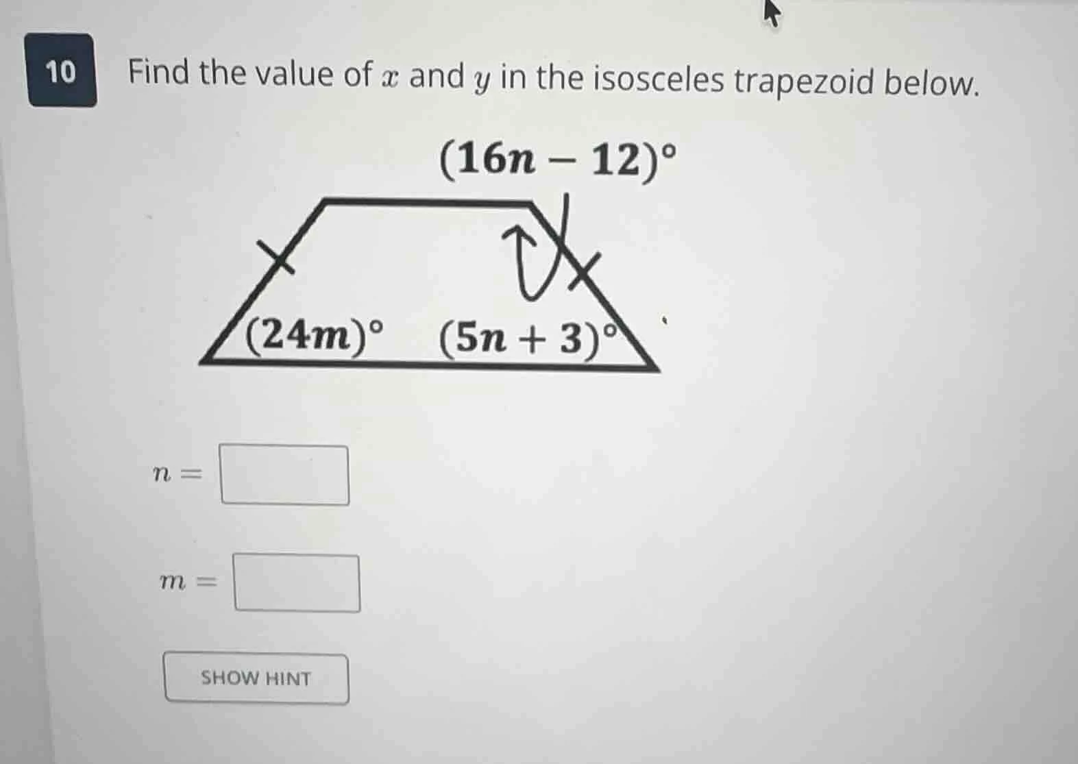 10 find the value of $x$ and $y$ in the isosceles trapezoid below.$(16n…