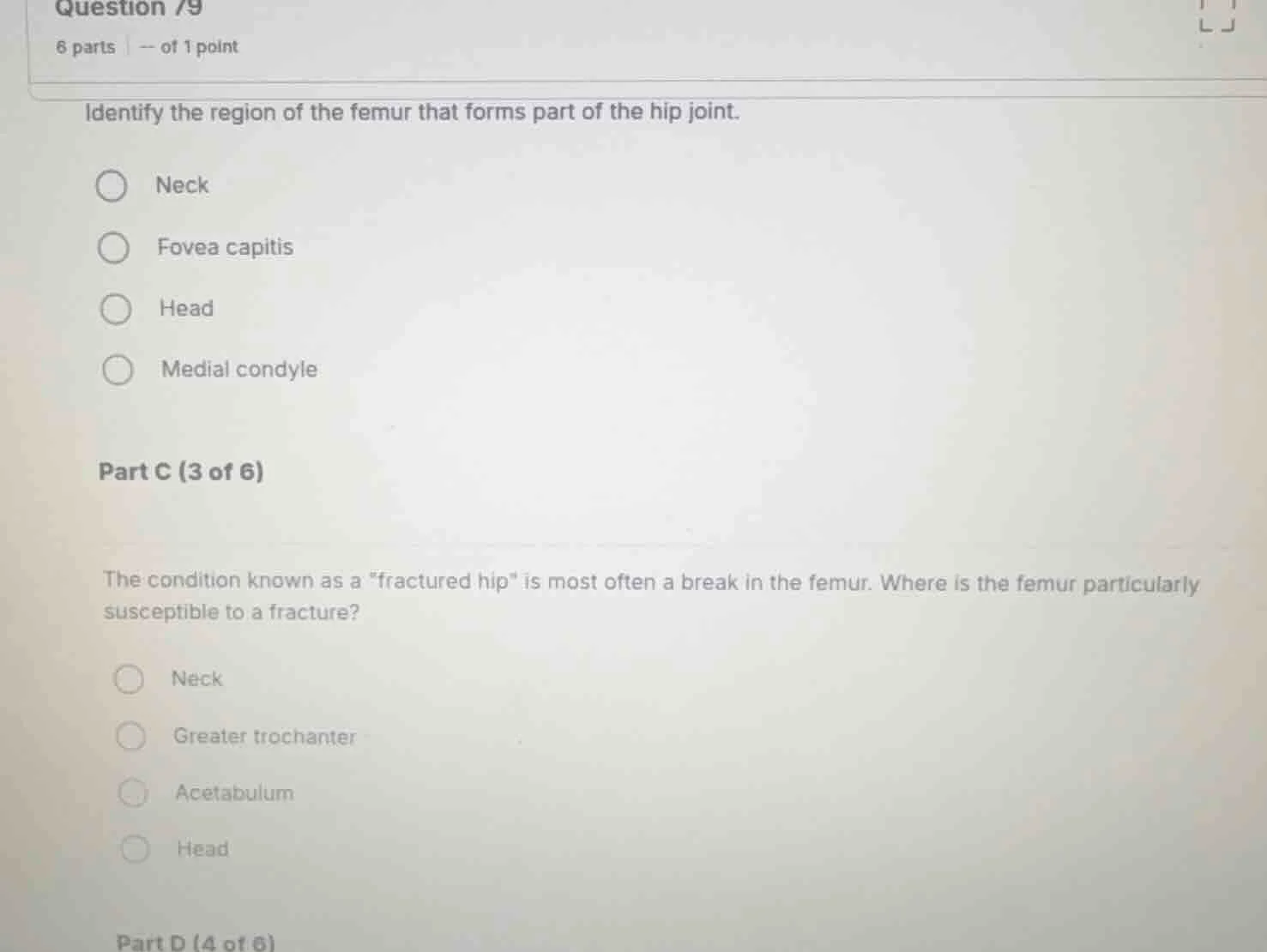 question 79 6 parts | -- of 1 point identify the region of the femur th…