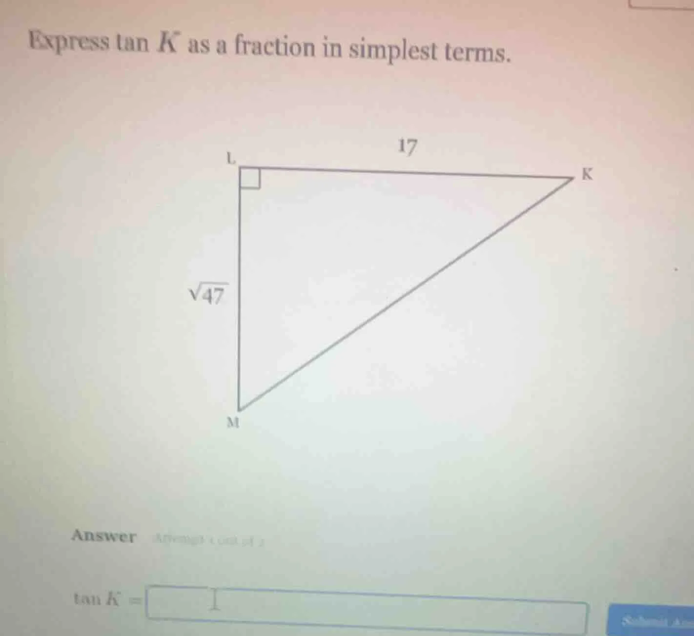 express tan $k$ as a fraction in simplest terms. answer $\\tan k = $