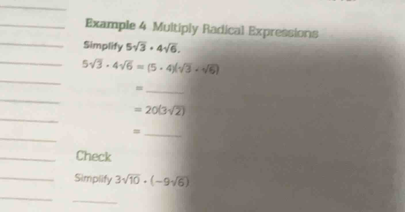 example 4 multiply radical expressions simplify $5\\sqrt{3} \\cdot 4\\s…