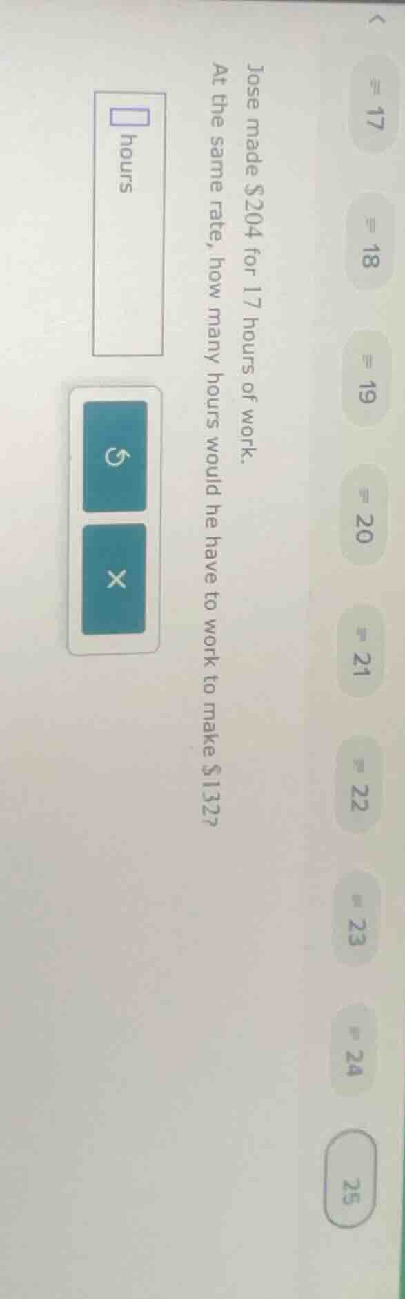 jose made $204 for 17 hours of work. at the same rate, how many hours w…