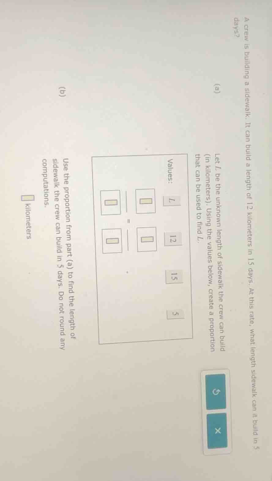 a crew is building a sidewalk. it can build a length of 12 kilometers i…