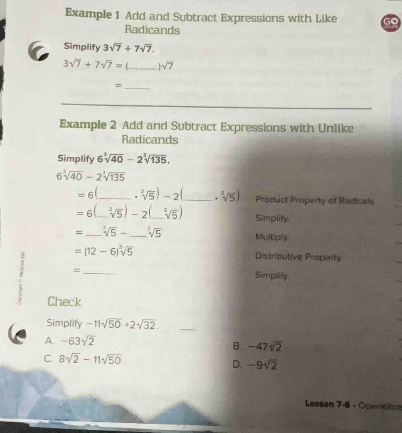 example 1 add and subtract expressions with like radicands simplify $3\…