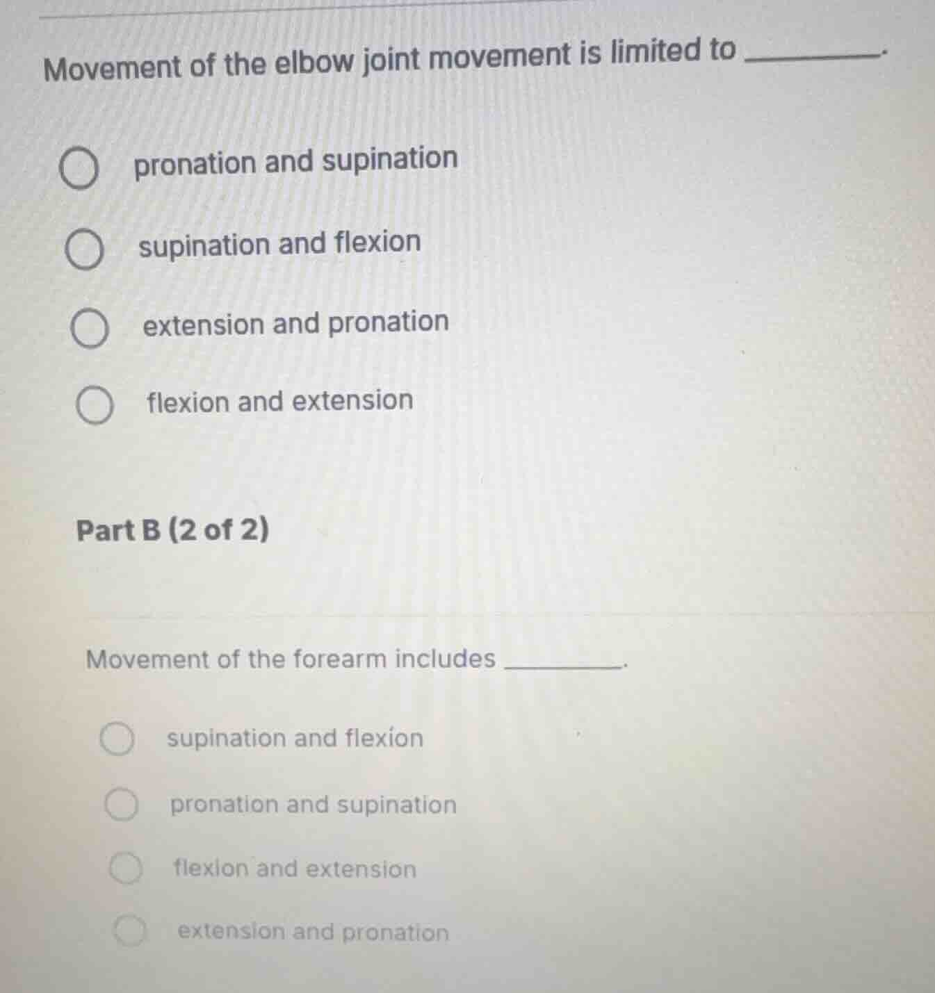 movement of the elbow joint movement is limited to ________.○ pronation…