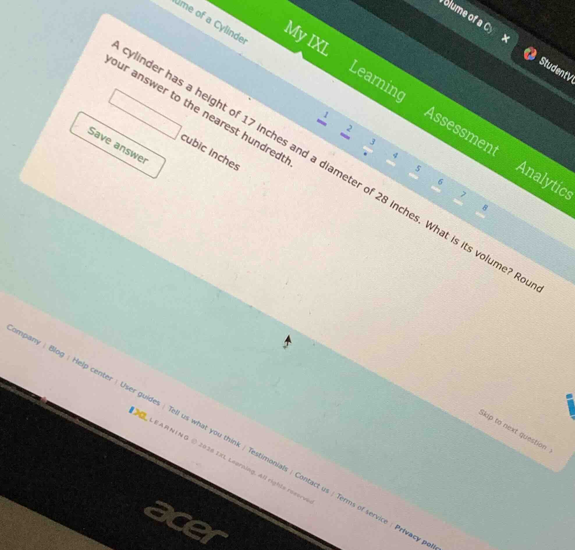 a cylinder has a height of 17 inches and a diameter of 28 inches. what …