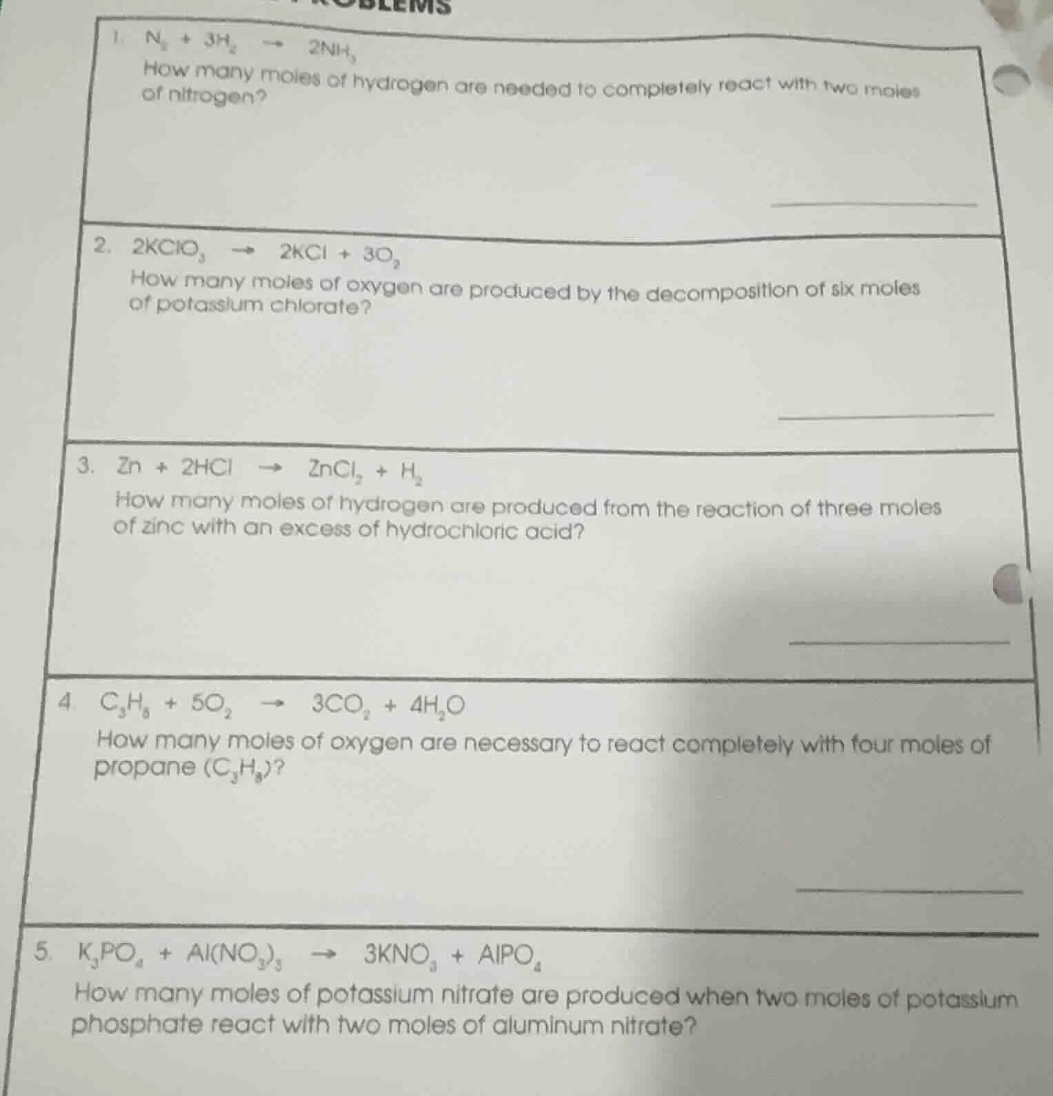 problems 1. $ce{n_{2} + 3h_{2} -> 2nh_{3}}$ how many moles of hydrogen …