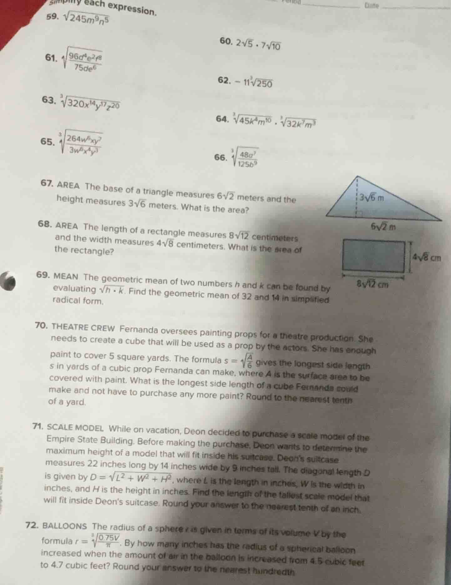 simplify each expression. 59. $sqrt{245m^{9}n^{5}}$ 60. $2sqrt{5} cdot …