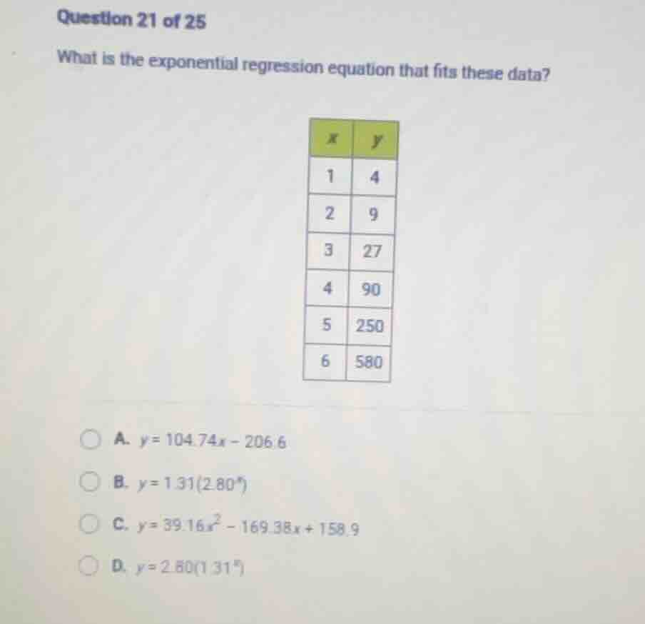 question 21 of 25 what is the exponential regression equation that fits…