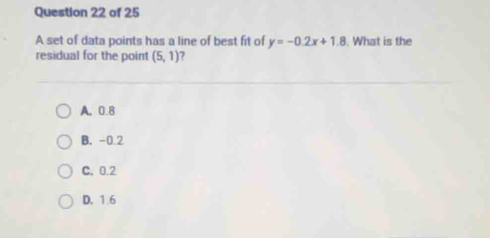 question 22 of 25 a set of data points has a line of best fit of $y=-0.…