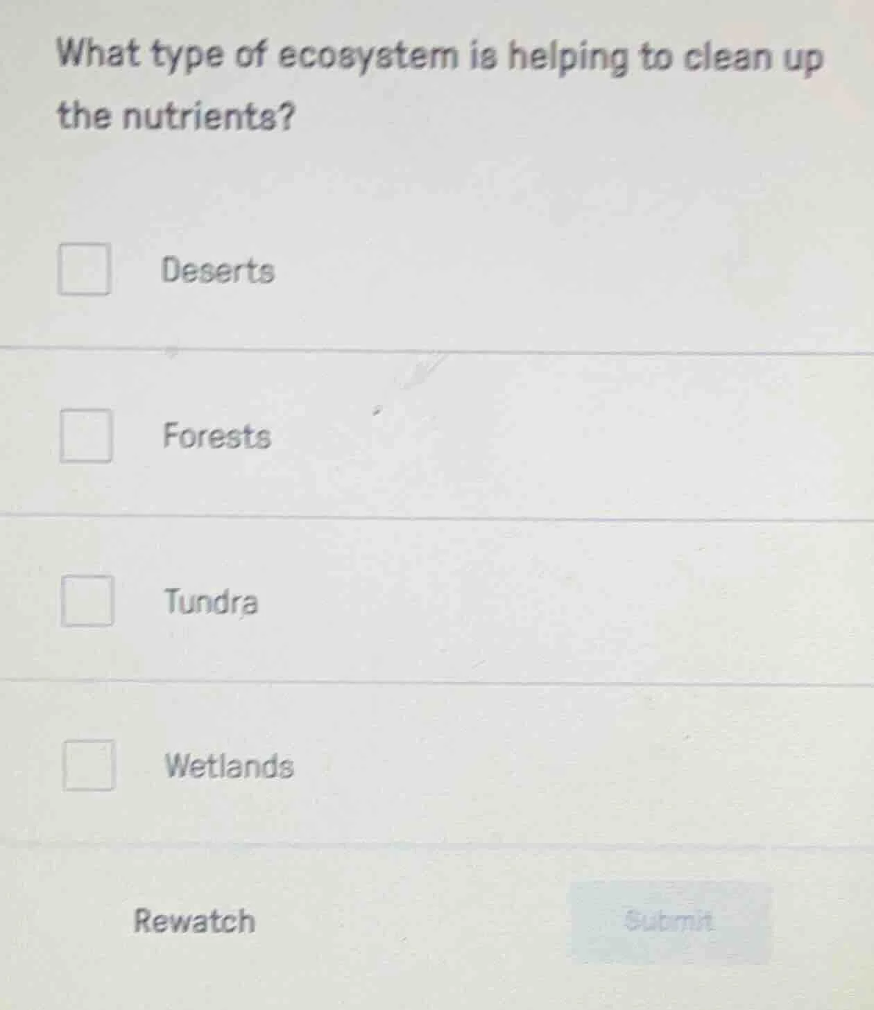 what type of ecosystem is helping to clean up the nutrients? deserts fo…