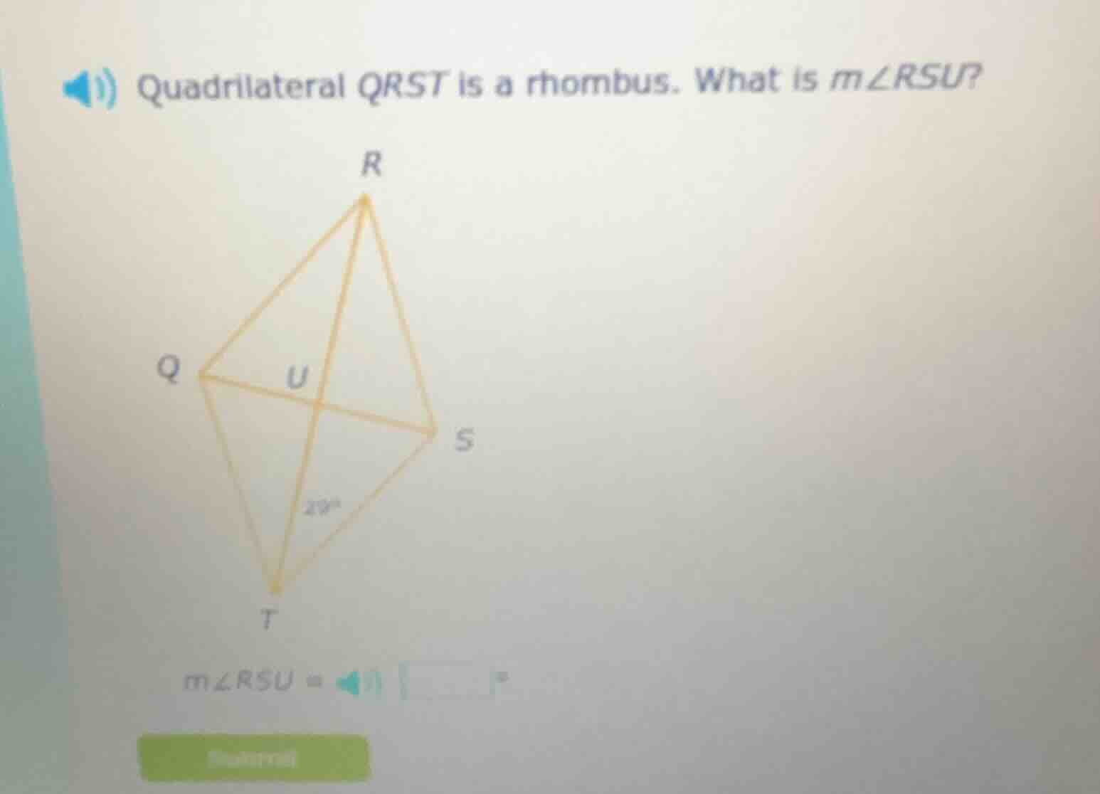 quadrilateral qrst is a rhombus. what is $m\\angle rsu$? $m\\angle rsu …