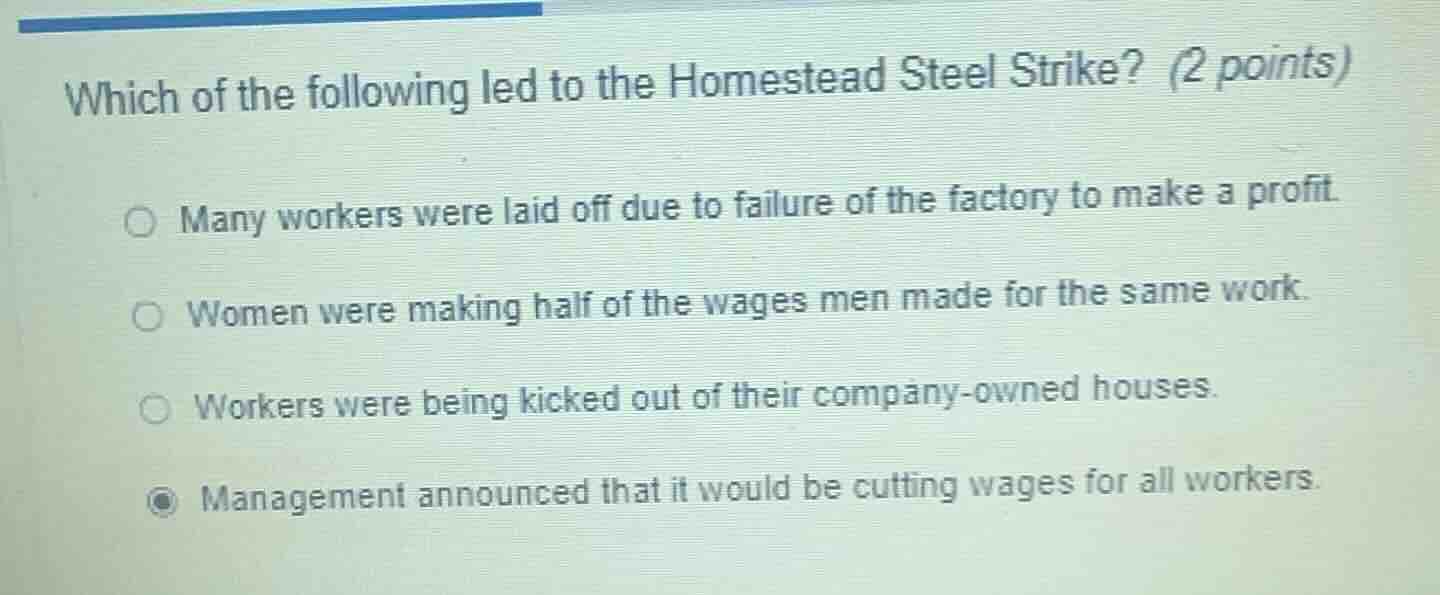 which of the following led to the homestead steel strike? (2 points)○ m…