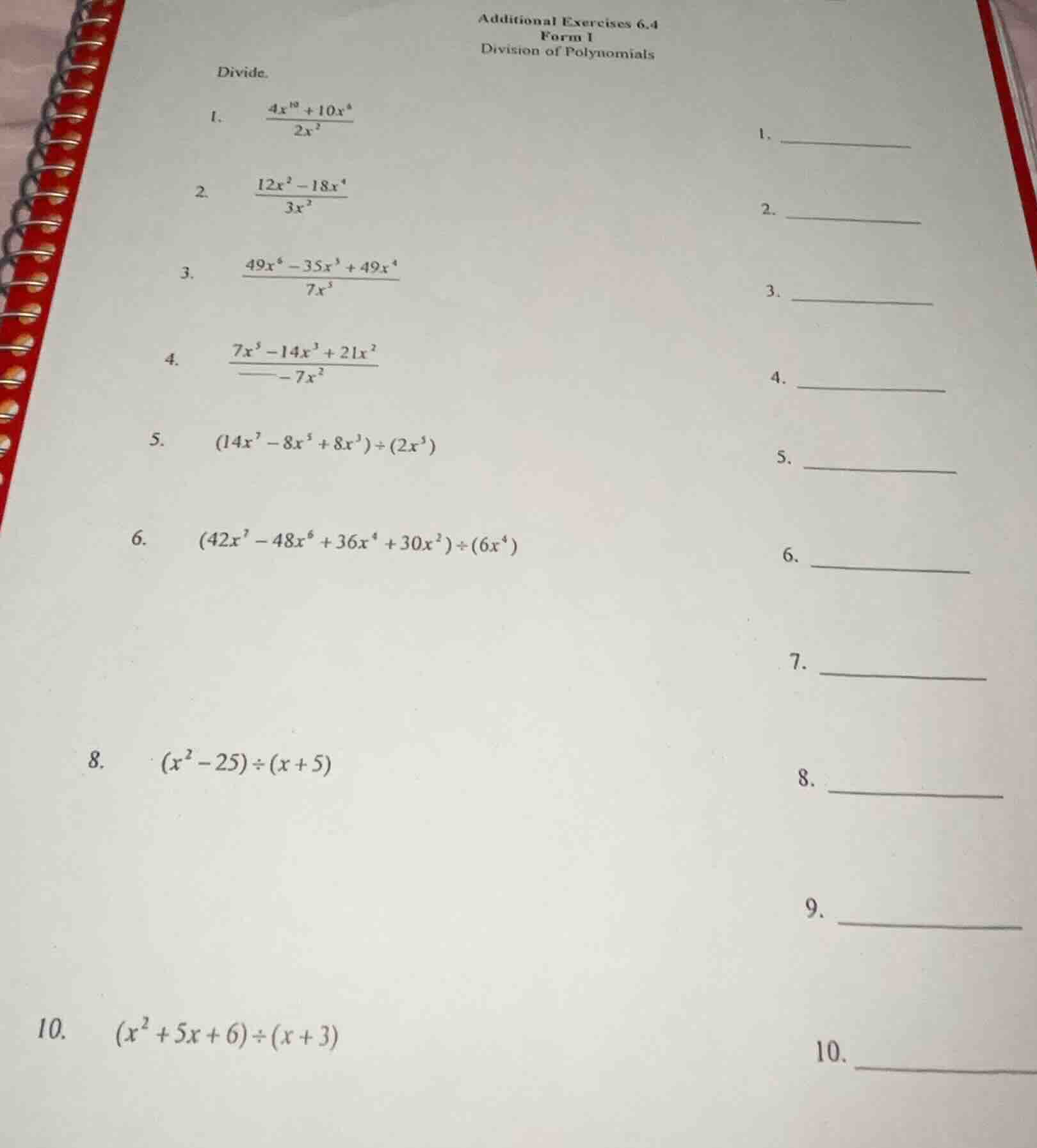 additional exercises 6.4 form 1 division of polynomials divide. 1. $\fr…