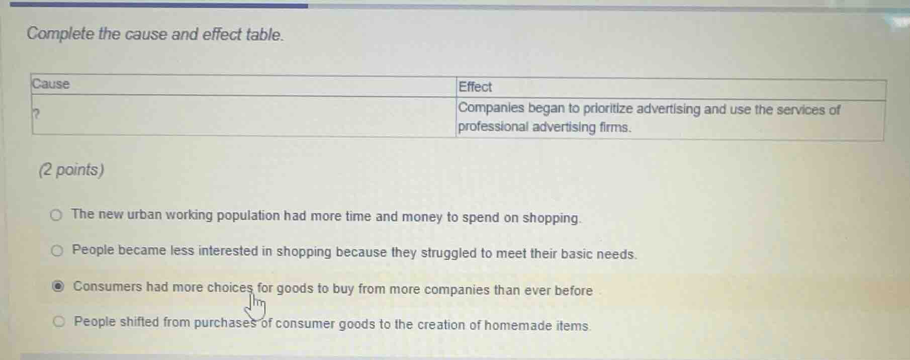complete the cause and effect table. cause | effect ? | companies began…