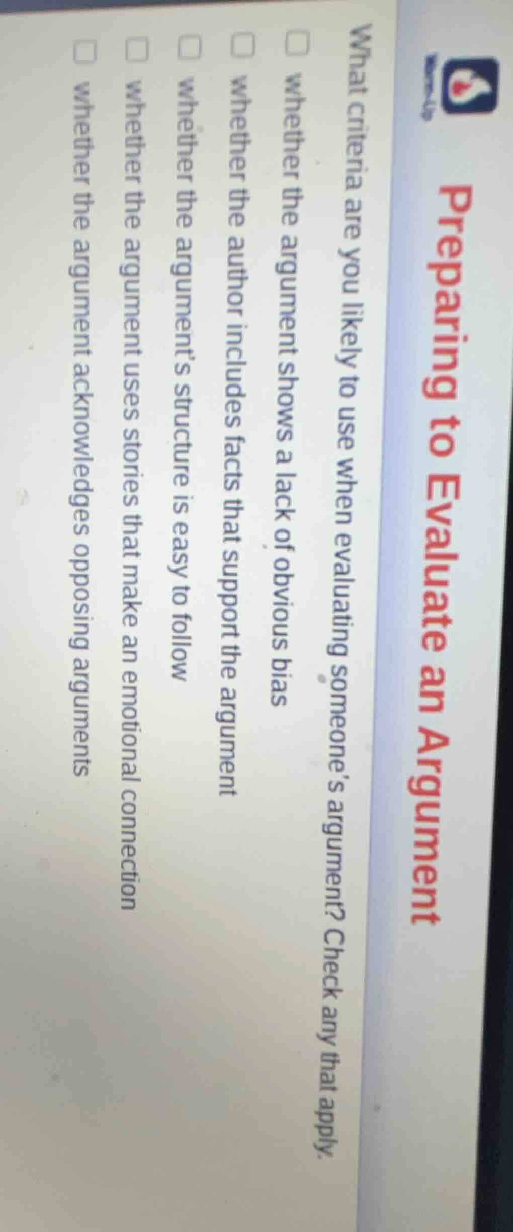 preparing to evaluate an argument warm-up what criteria are you likely …