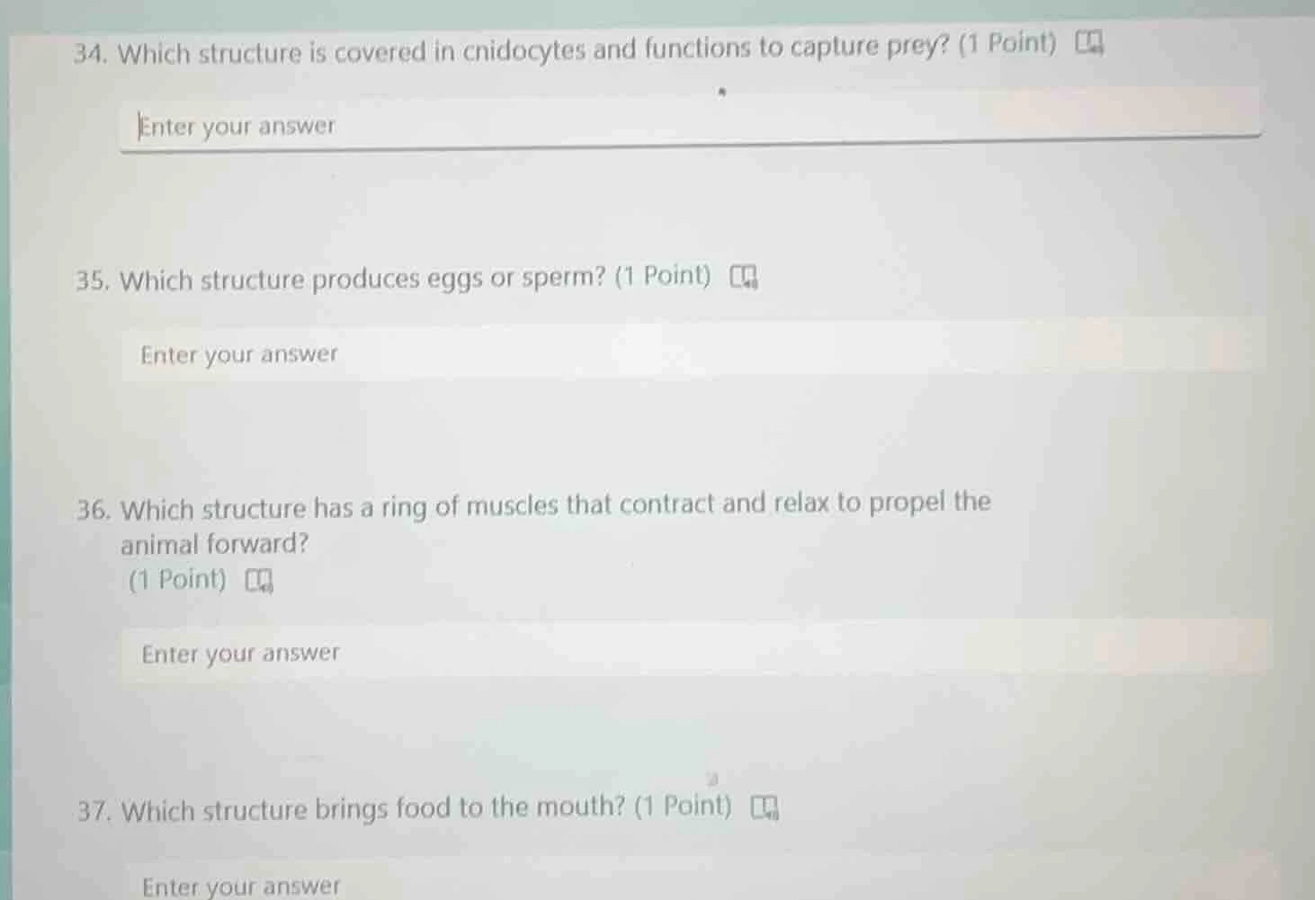 34. which structure is covered in cnidocytes and functions to capture p…