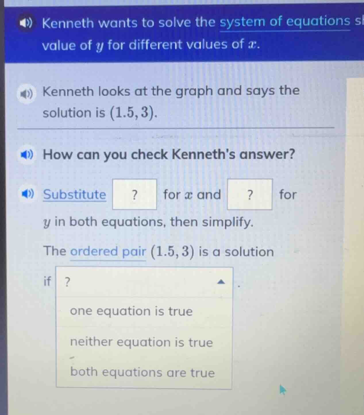 kenneth wants to solve the system of equations sh value of $y$ for diff…