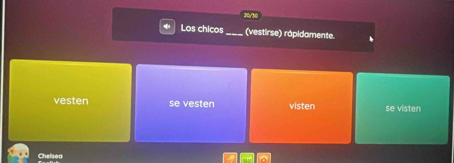 20/30 los chicos ____ (vestirse) rápidamente. vesten se vesten visten s…