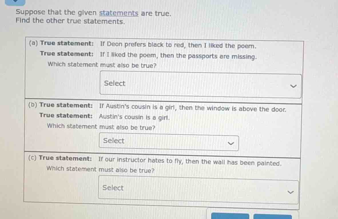 suppose that the given statements are true. find the other true stateme…