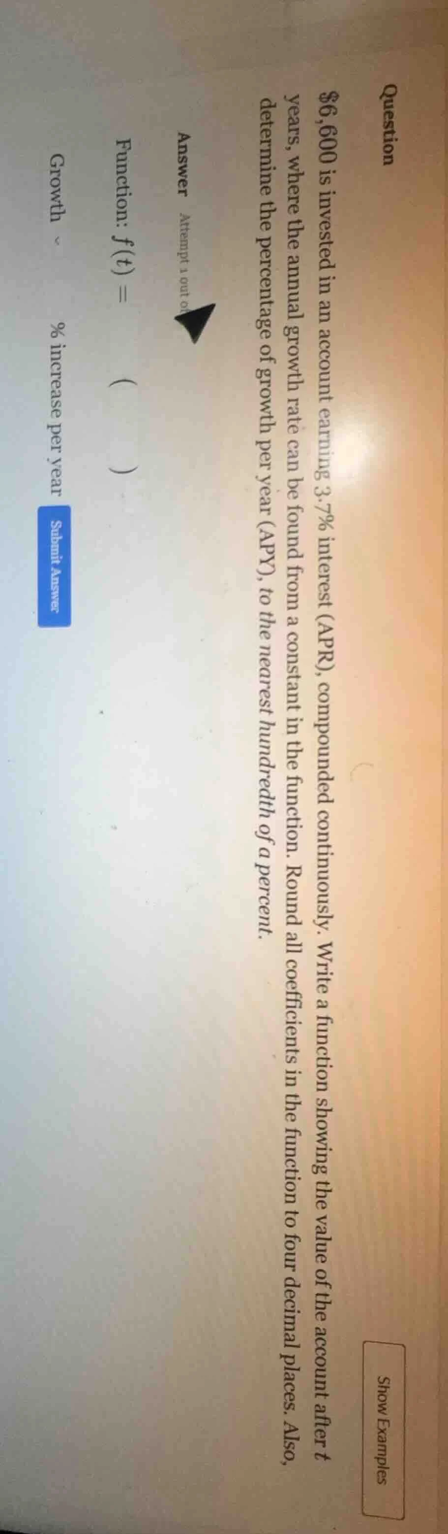 question $6,600 is invested in an account earning 3.7% interest (apr), …