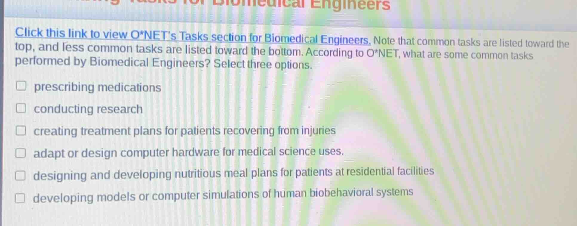 click this link to view o*nets tasks section for biomedical engineers. …