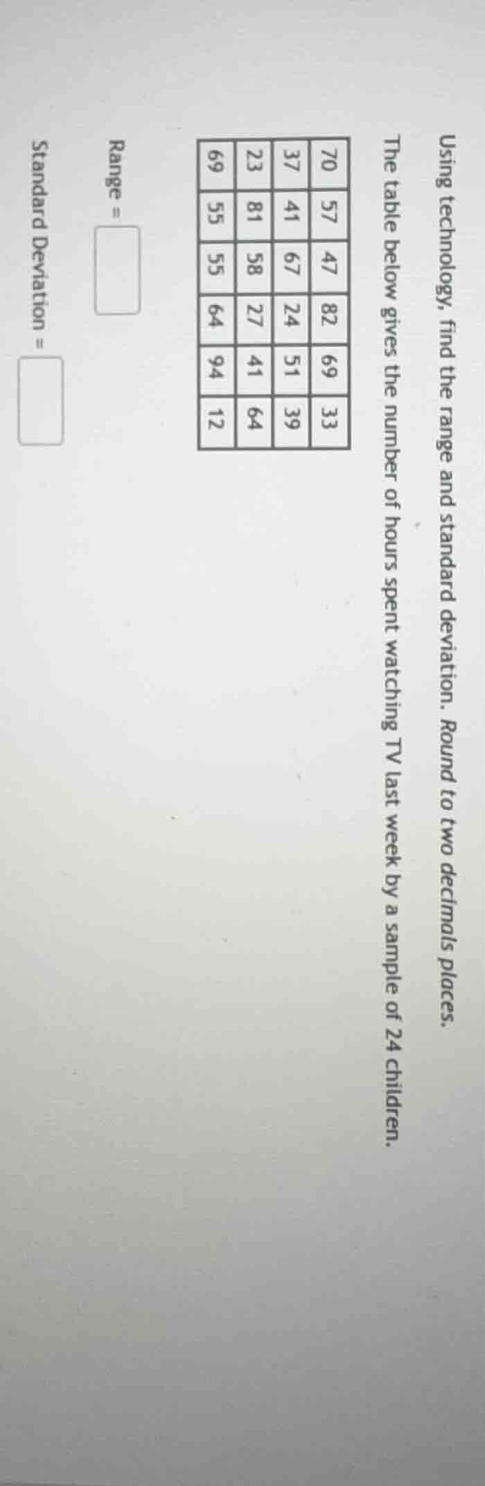 using technology, find the range and standard deviation. round to two d…