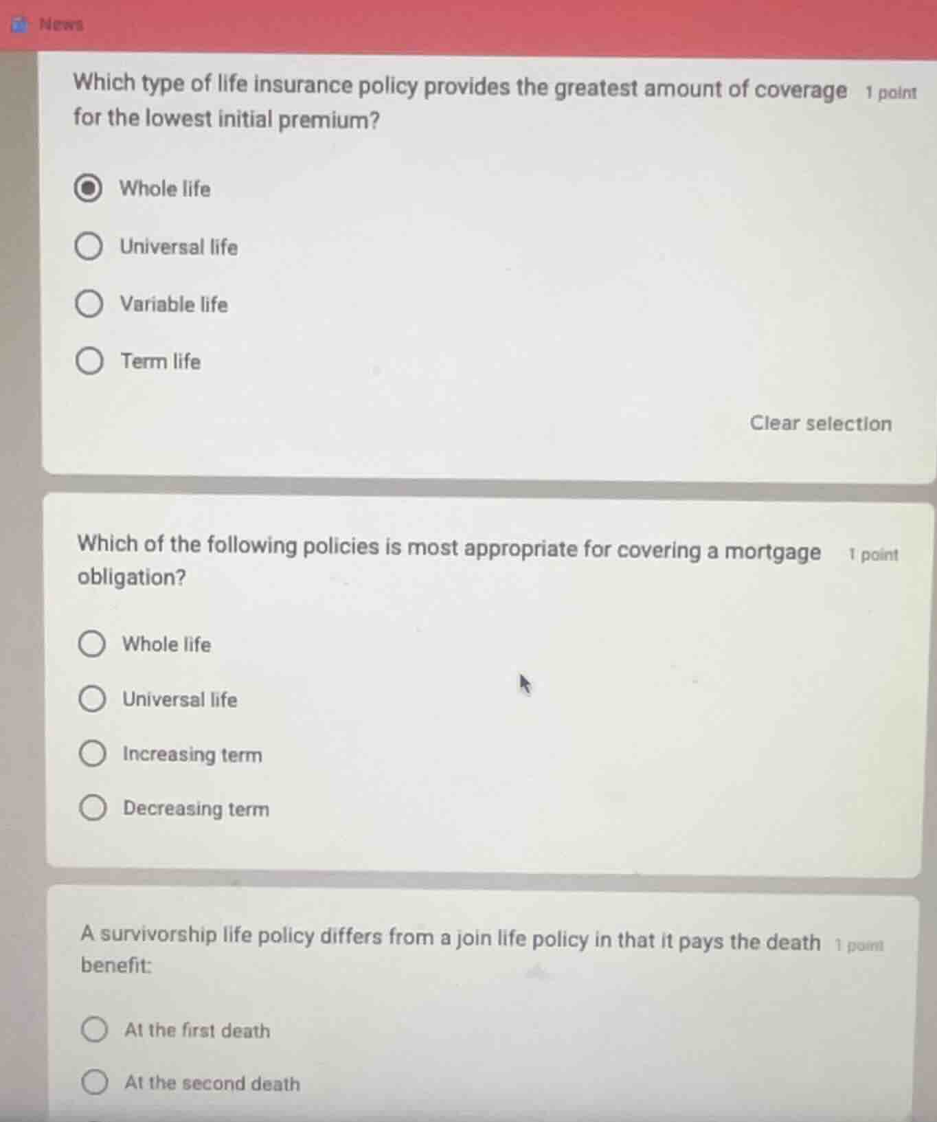 1 point which type of life insurance policy provides the greatest amoun…