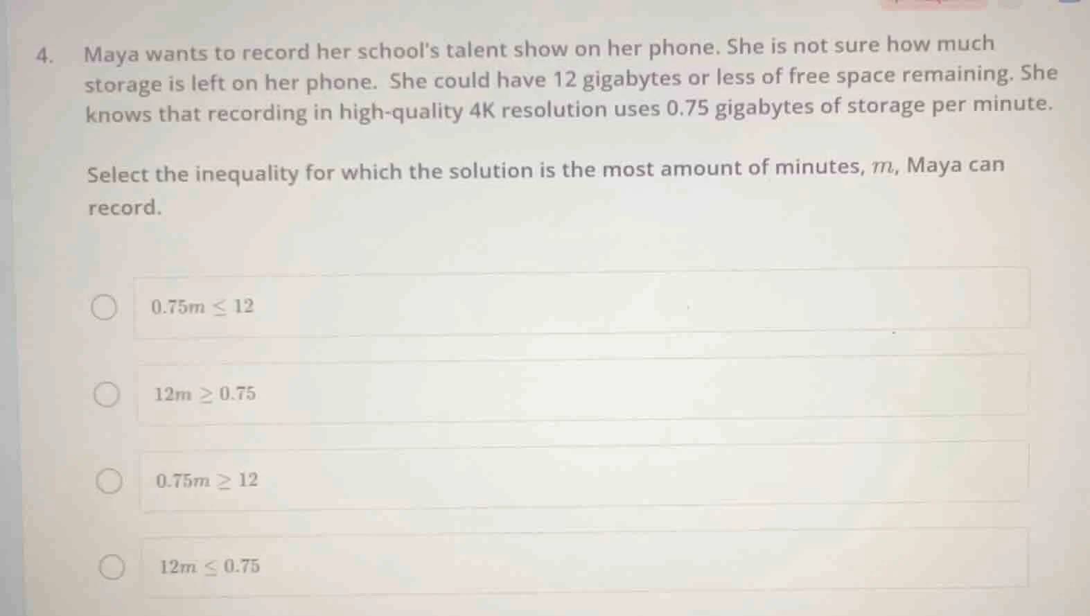 4. maya wants to record her schools talent show on her phone. she is no…