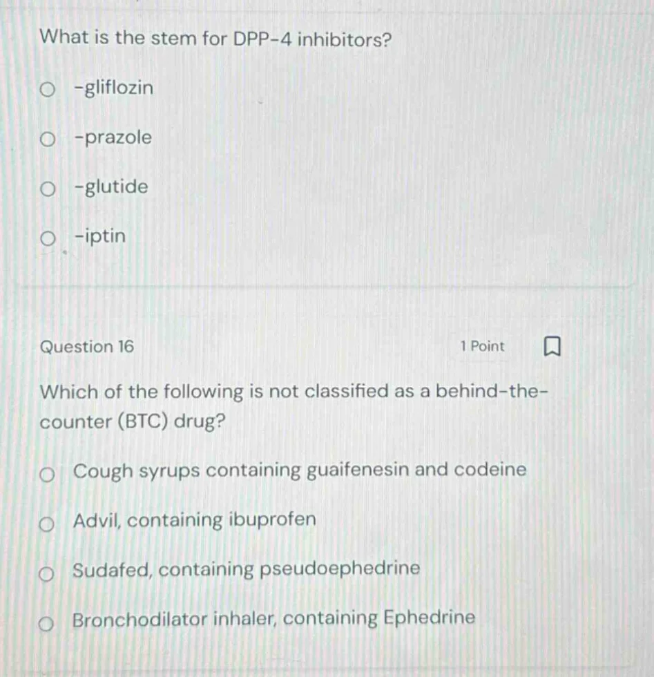 what is the stem for dpp-4 inhibitors? ○ -gliflozin ○ -prazole ○ -gluti…