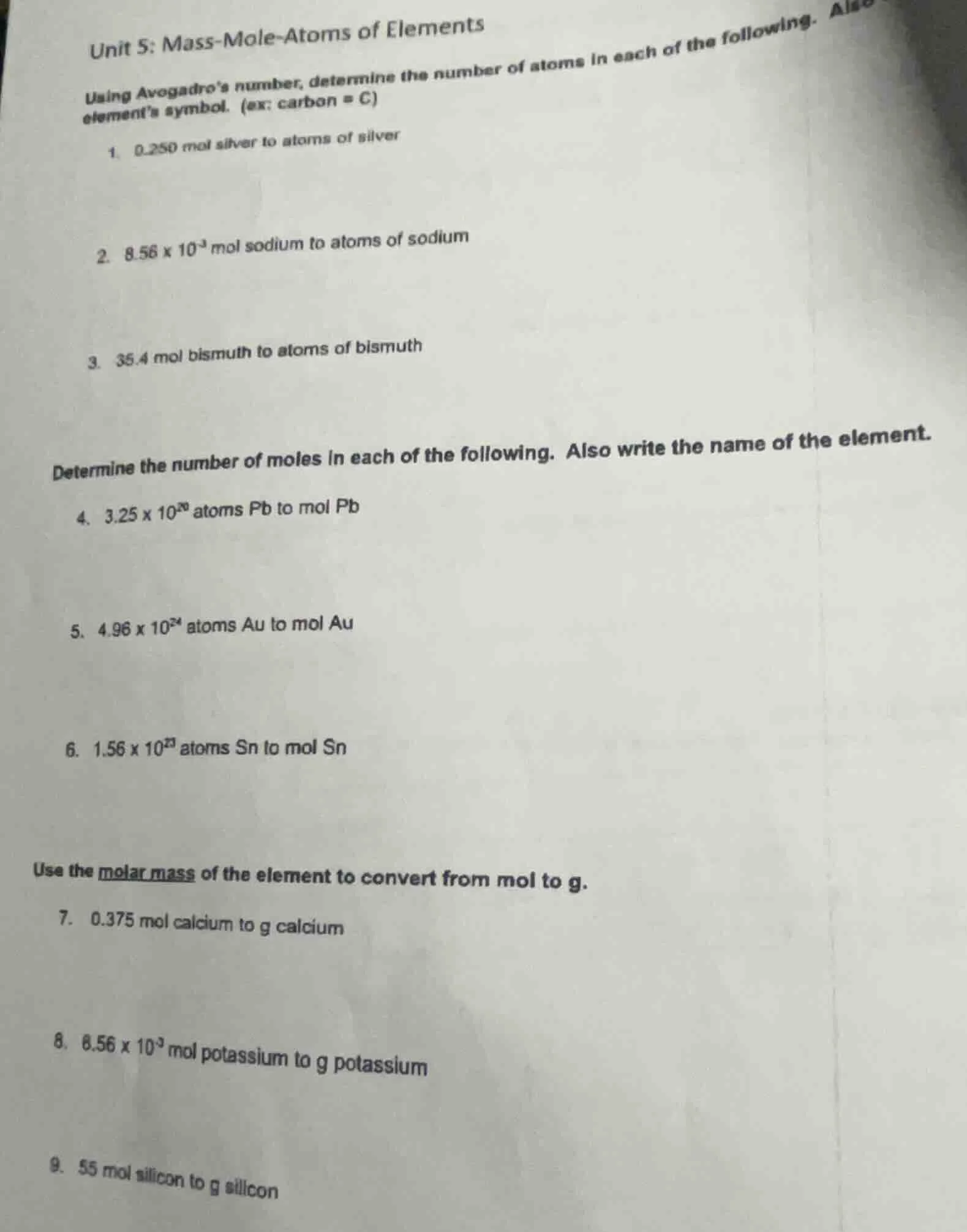 unit 5: mass-mole-atoms of elements using avogadros number, determine t…