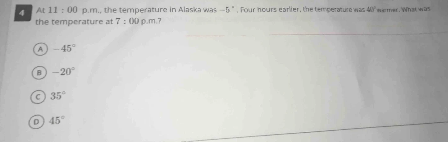4 at 11:00 p.m., the temperature in alaska was $-5\\ ^\\circ$. four hou…