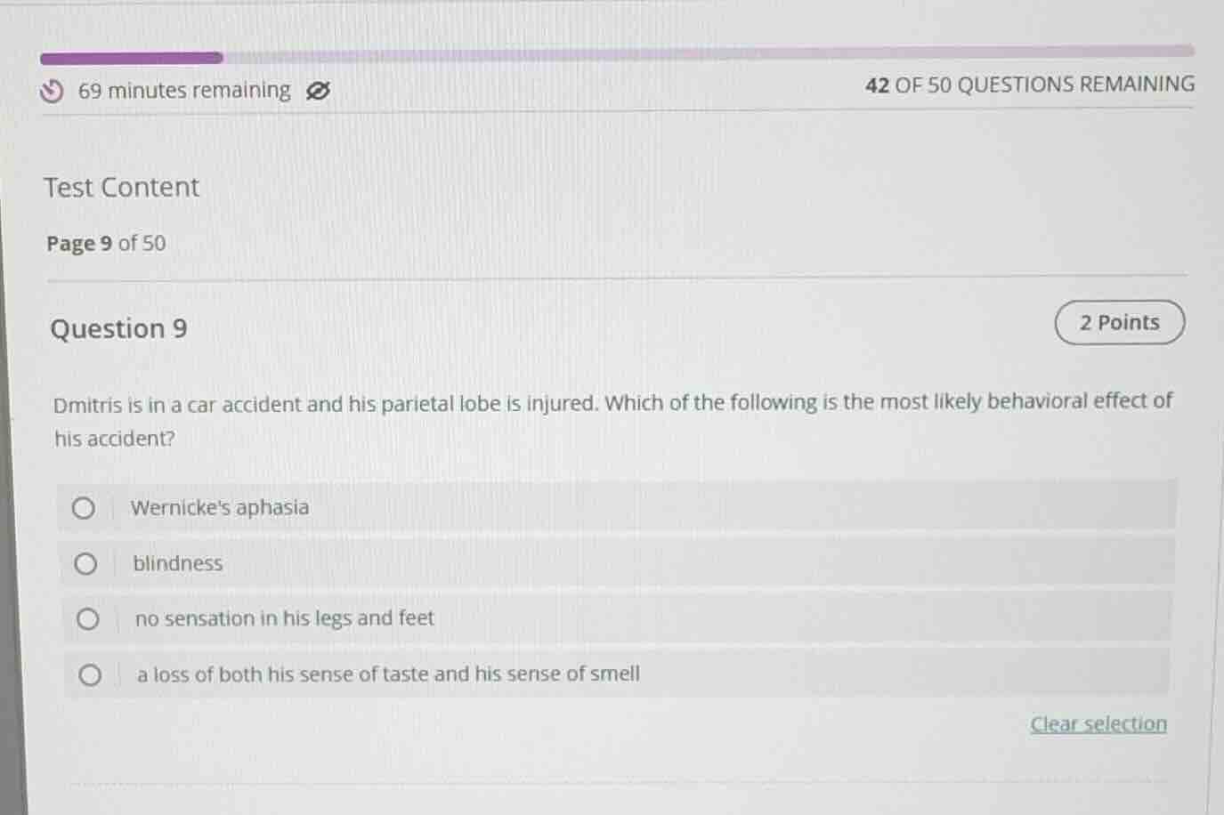 69 minutes remaining42 of 50 questions remainingtest contentpage 9 of 5…