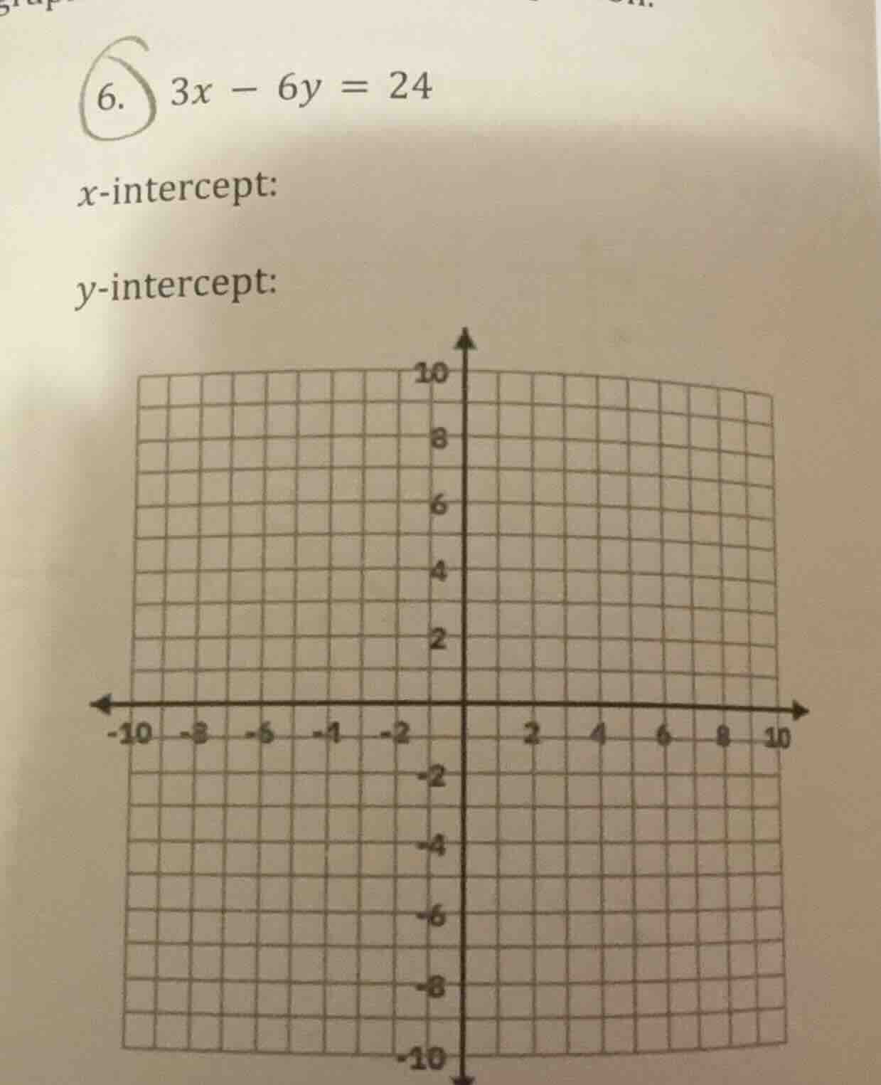 6. $3x - 6y = 24$ x-intercept: y-intercept: