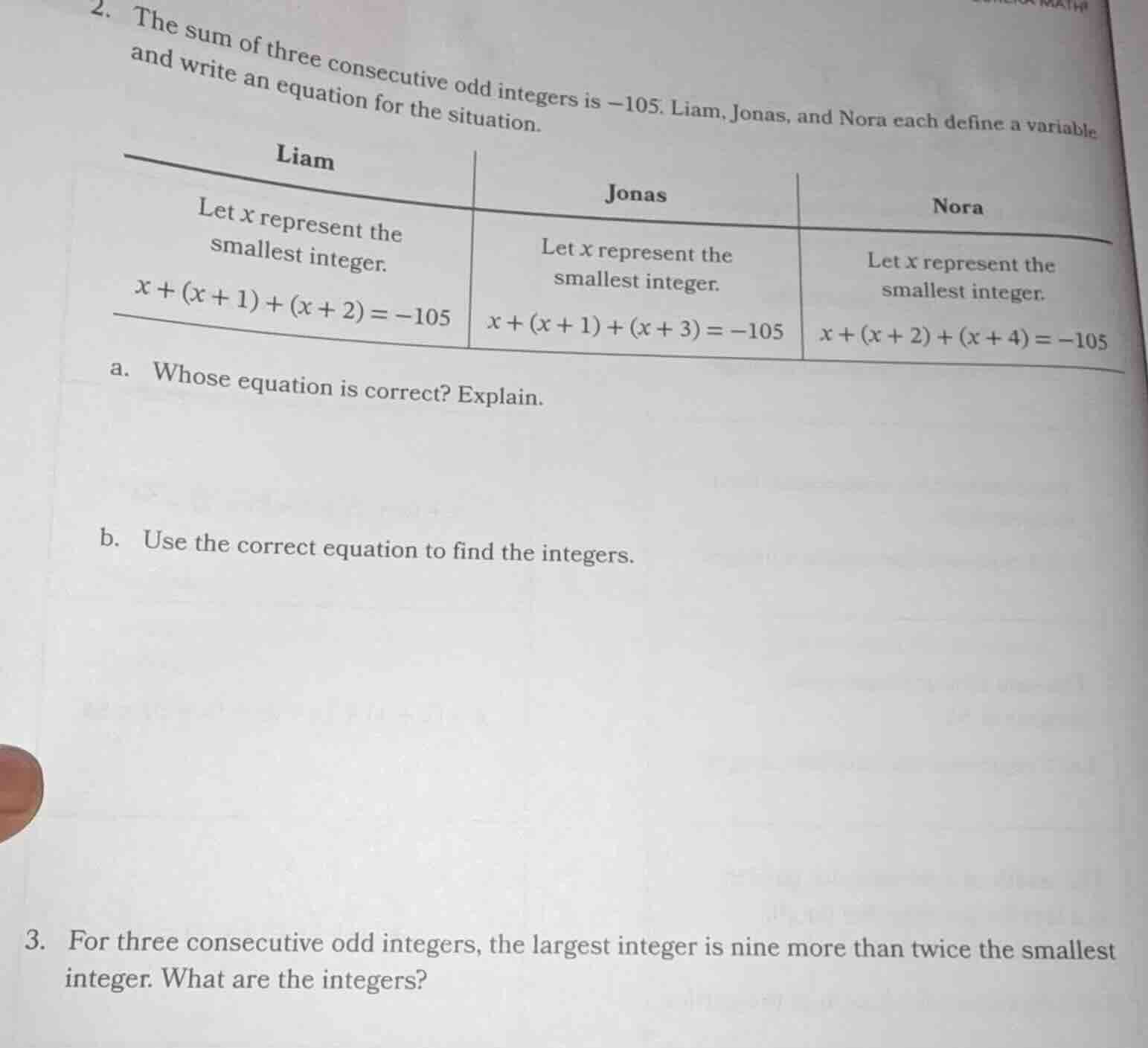 2. the sum of three consecutive odd integers is $-105$. liam, jonas, an…