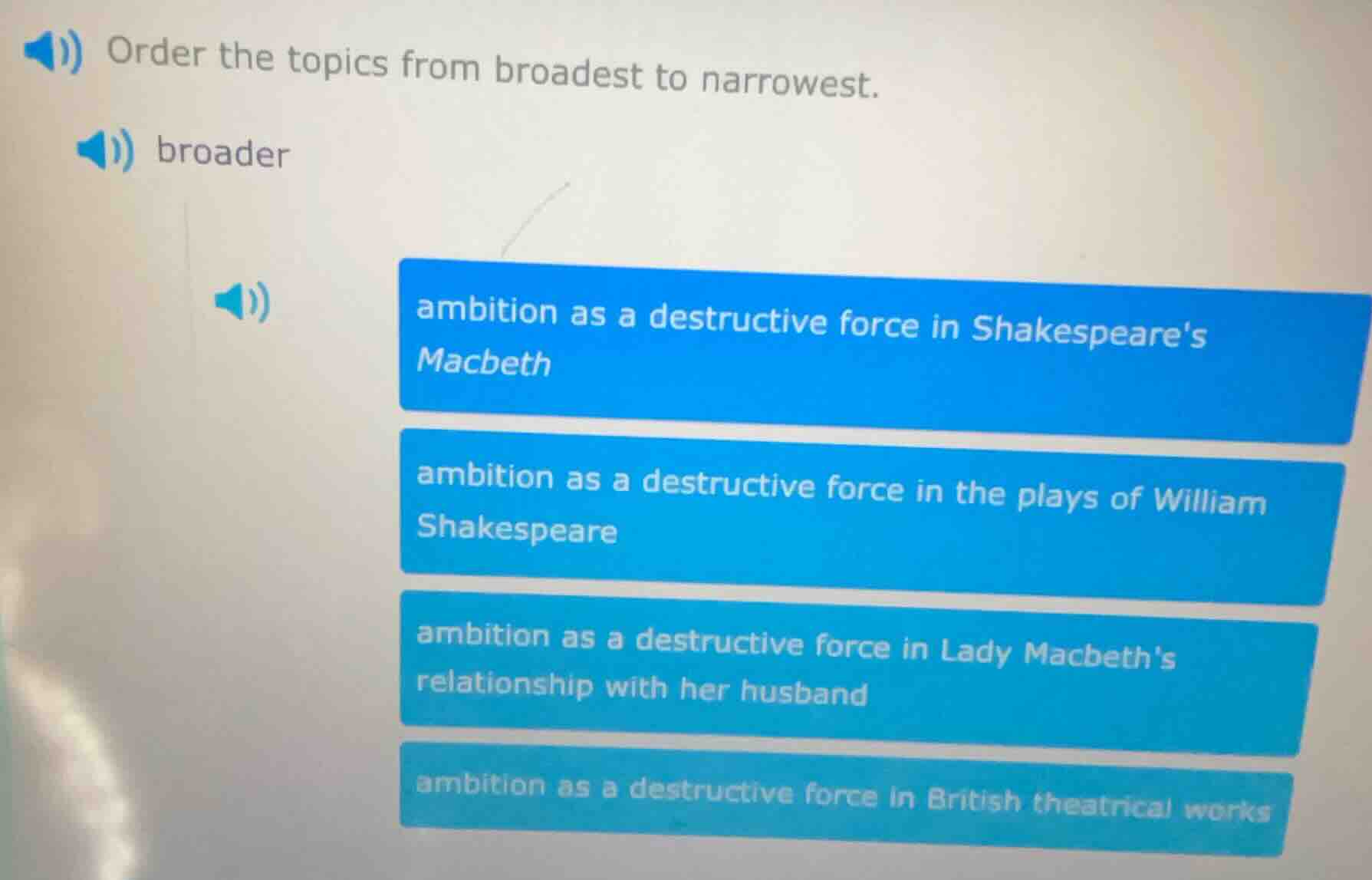 order the topics from broadest to narrowest.broaderambition as a destru…