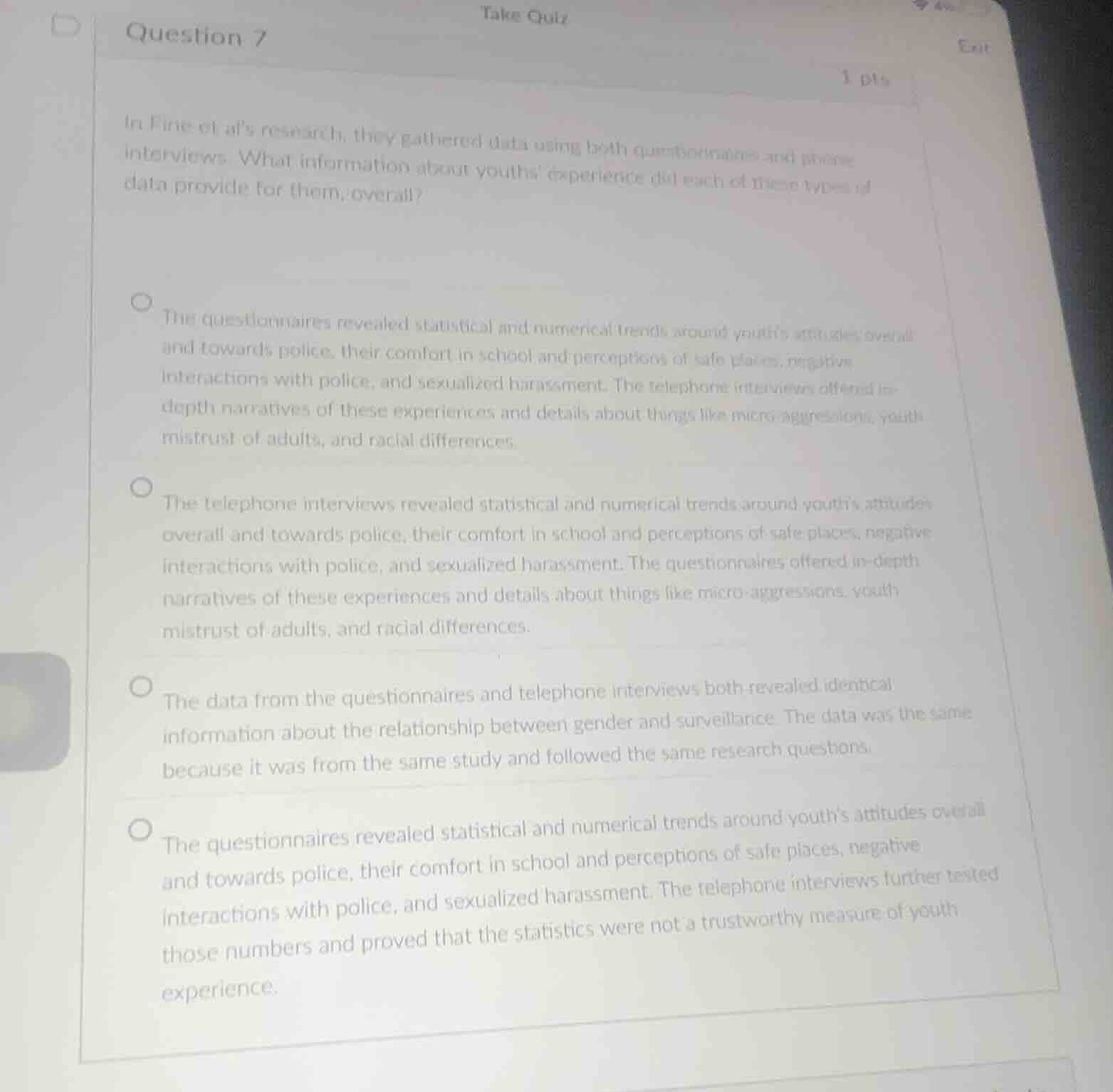 take quizexitquestion 71 ptsin fine et als research, they gathered data…