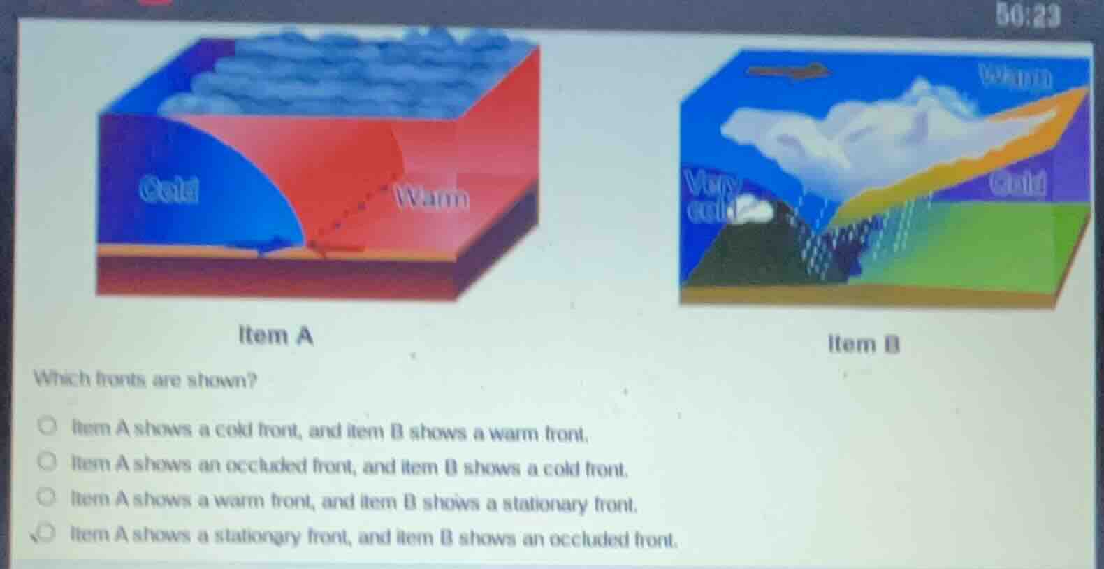 item a item b which fronts are shown? ○ item a shows a cold front, and …