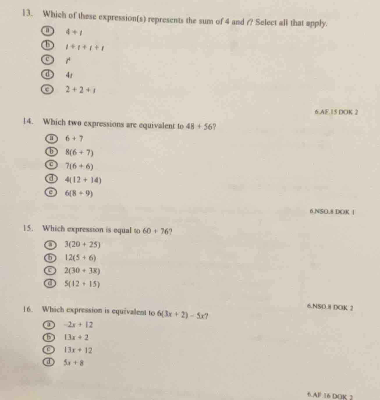 13. which of these expression(s) represents the sum of 4 and ( t )? sel…