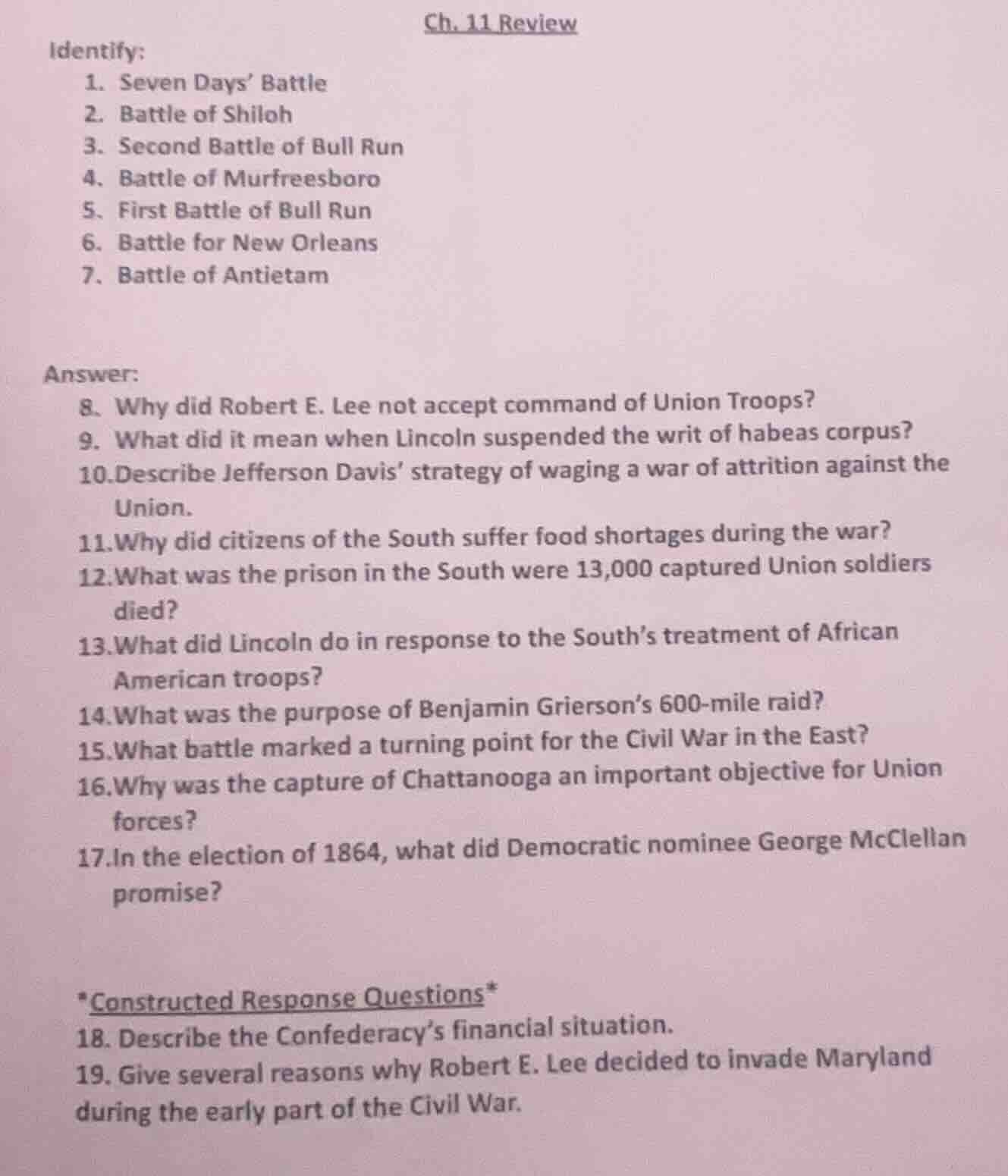 ch. 11 review identify: 1. seven days battle 2. battle of shiloh 3. sec…