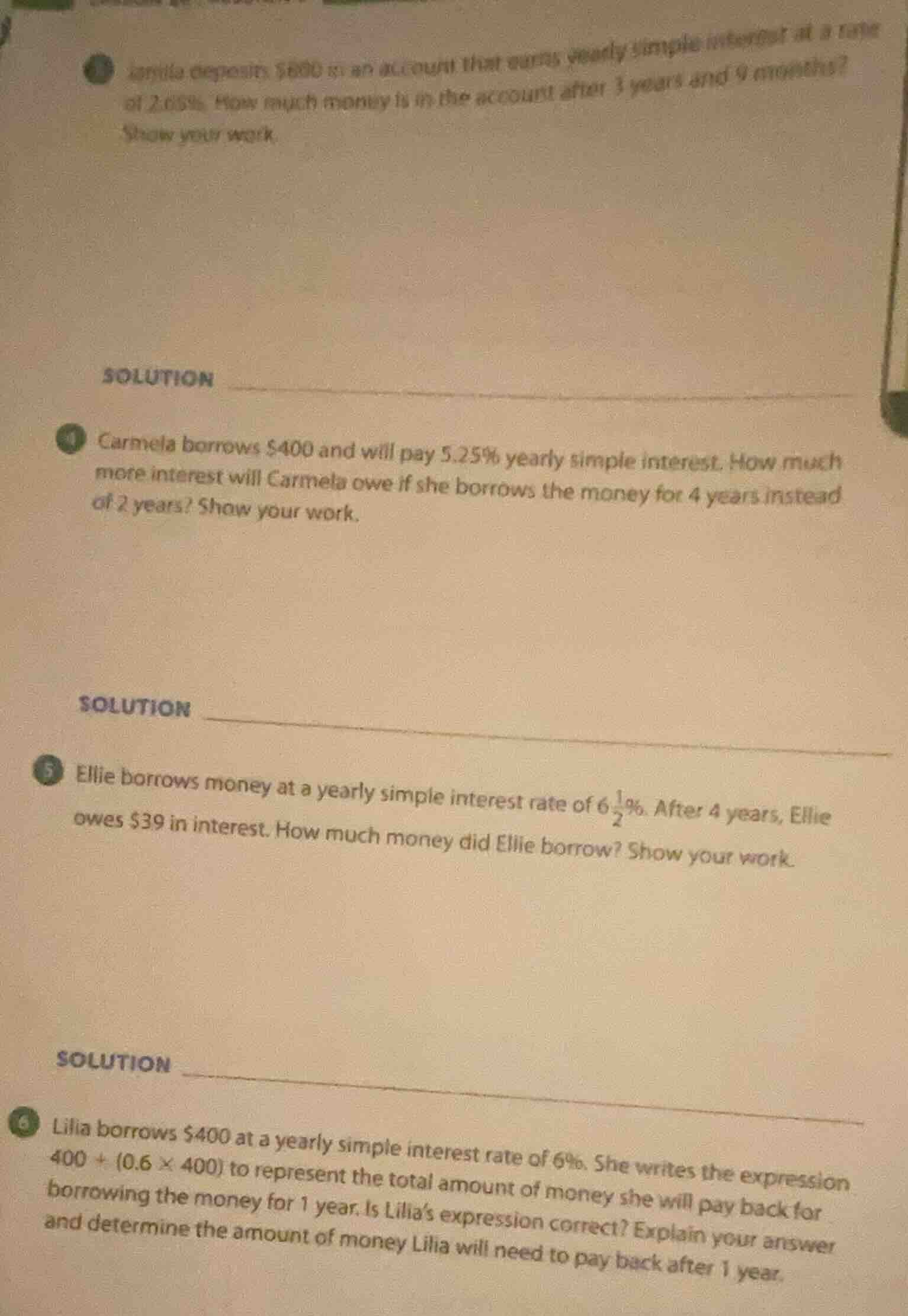 3. janila deposits $800 in an account that earns yearly simple interest…