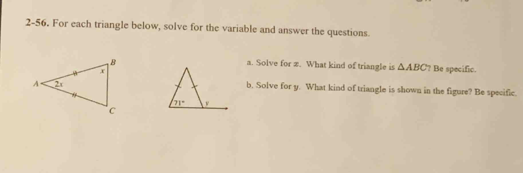 2-56. for each triangle below, solve for the variable and answer the qu…