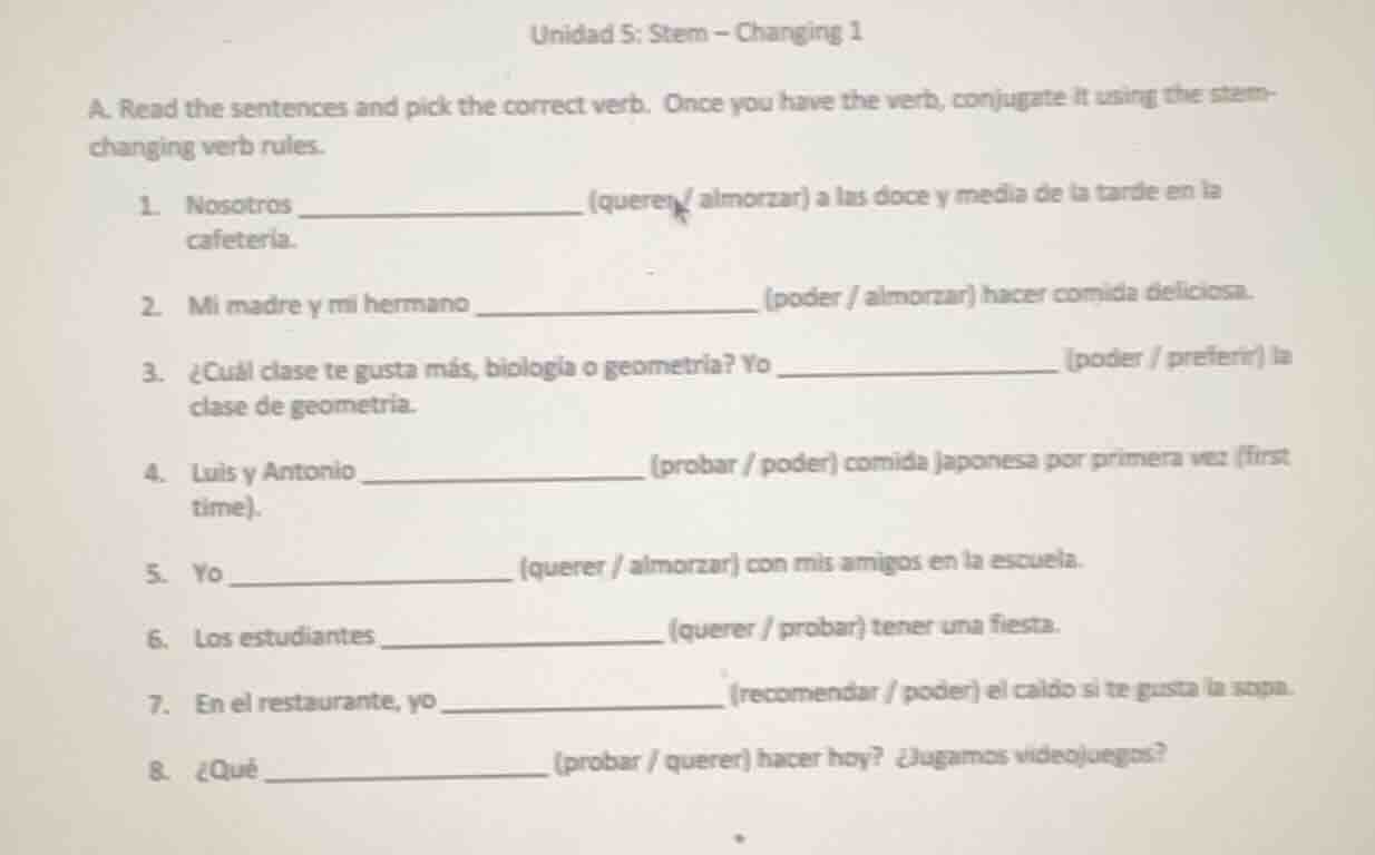 unidad 5: stem - changing 1 a. read the sentences and pick the correct …